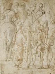 Gruppe von Reitern und stehenden Männern